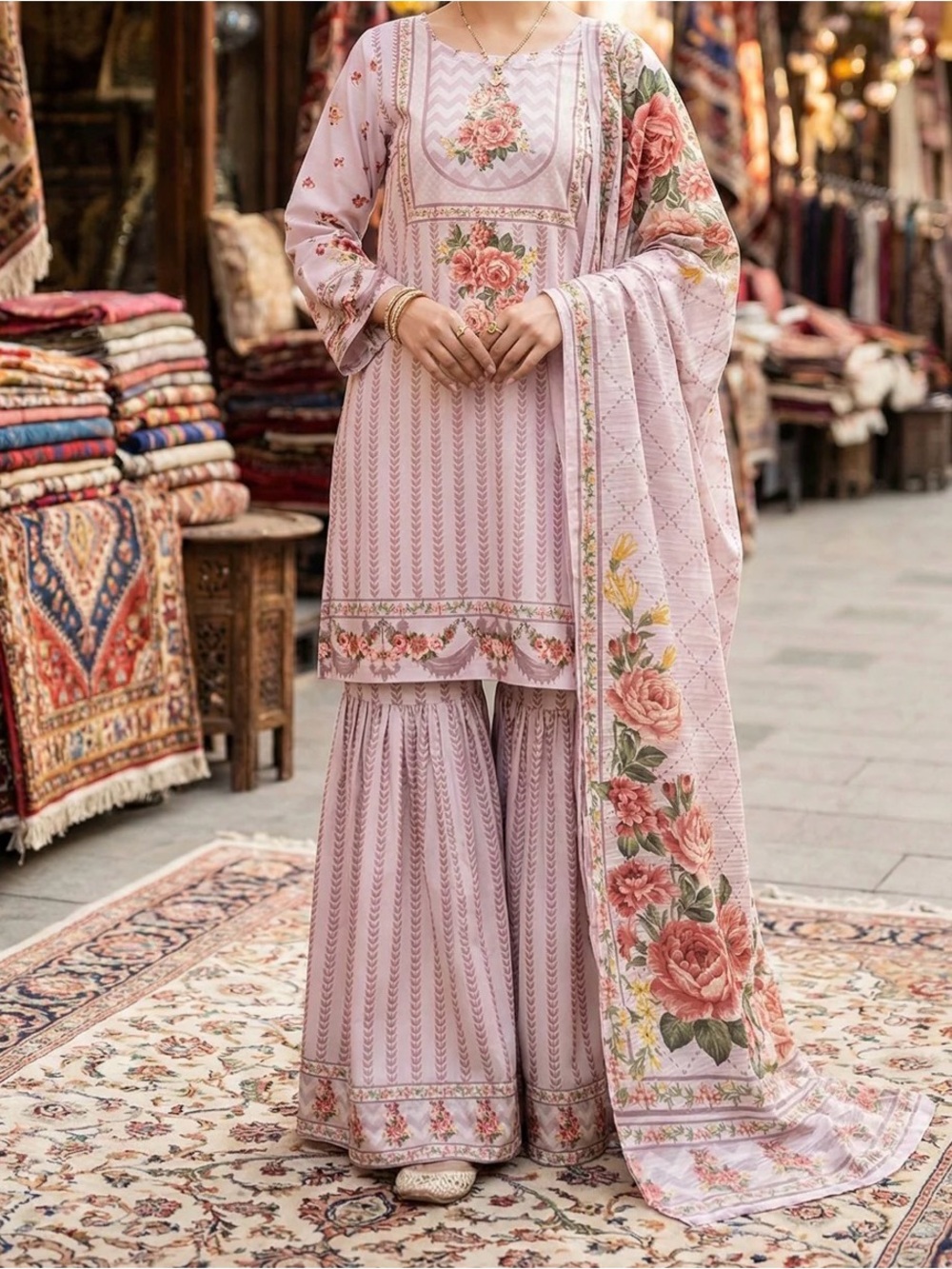 Elegant Pink Floral Wide-Leg Pants & Tunic Set in size M&L by Mohagni